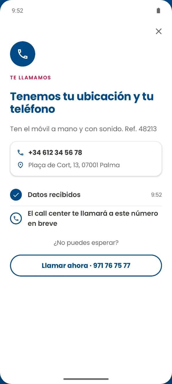 App Villas Medical: confirmación de los datos recibidos