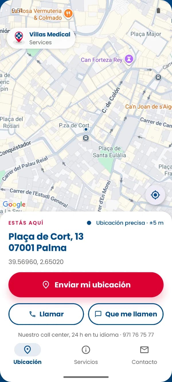 App Villas Medical: mapa con el botón «Enviar mi ubicación»