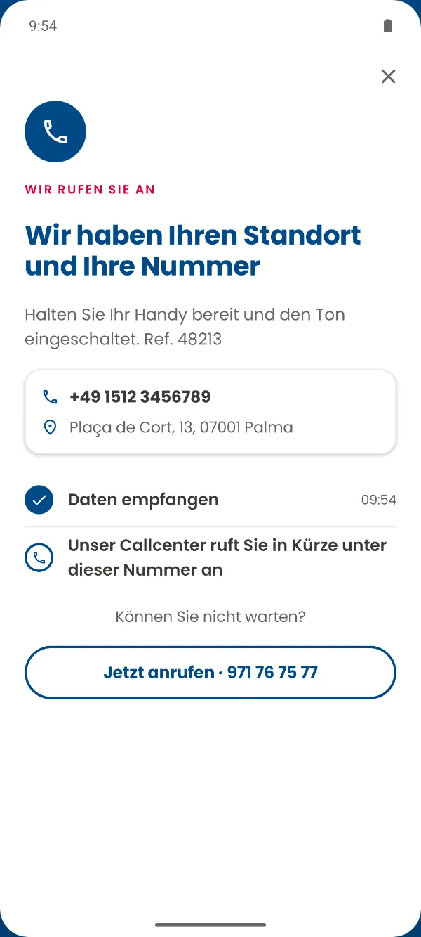 Villas Medical App: Bestätigung, dass deine Daten angekommen sind