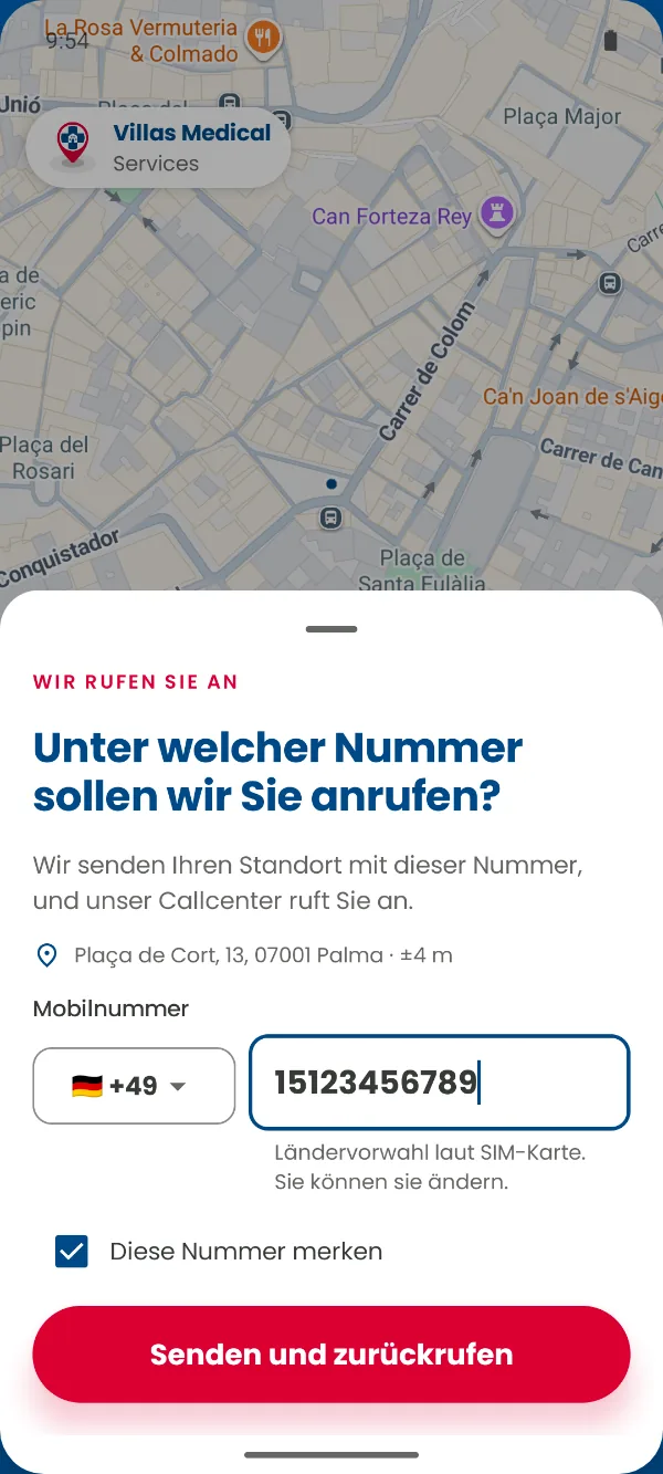 Villas Medical App: Bildschirm zum Hinterlassen deiner Nummer