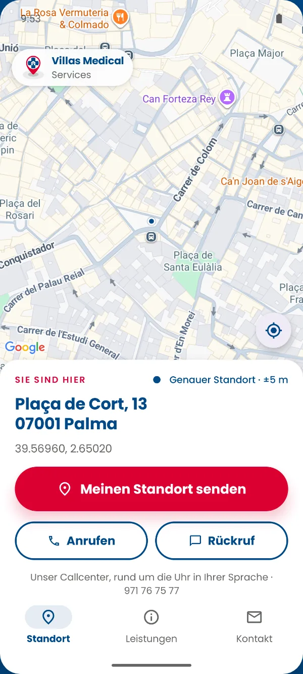Villas Medical App: Karte mit der Schaltfläche Meinen Standort senden