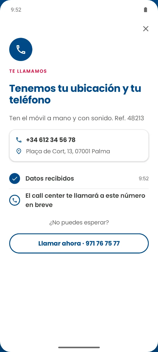 App Villas Medical: confirmación de datos recibidos