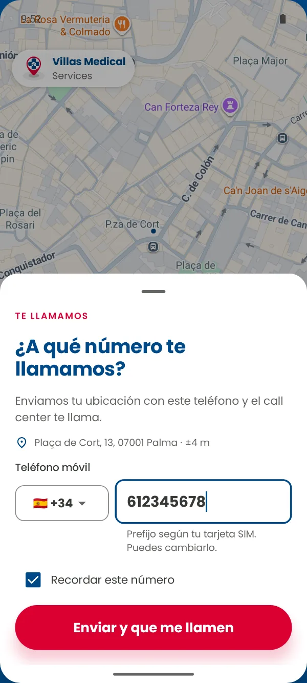 App Villas Medical: pantalla para dejar tu teléfono