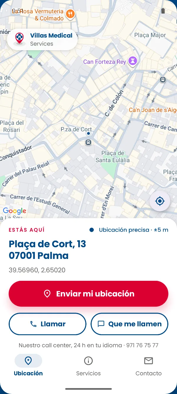 App Villas Medical: mapa con el botón Enviar mi ubicación